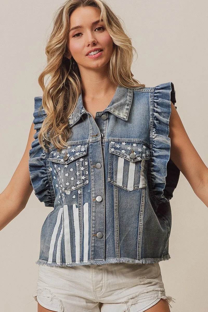 BiBi American Flag Washed Denim Jacket - Veloro
