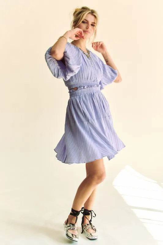 Davi & Dani Back Button Puff Sleeve Mini Dress - Veloro