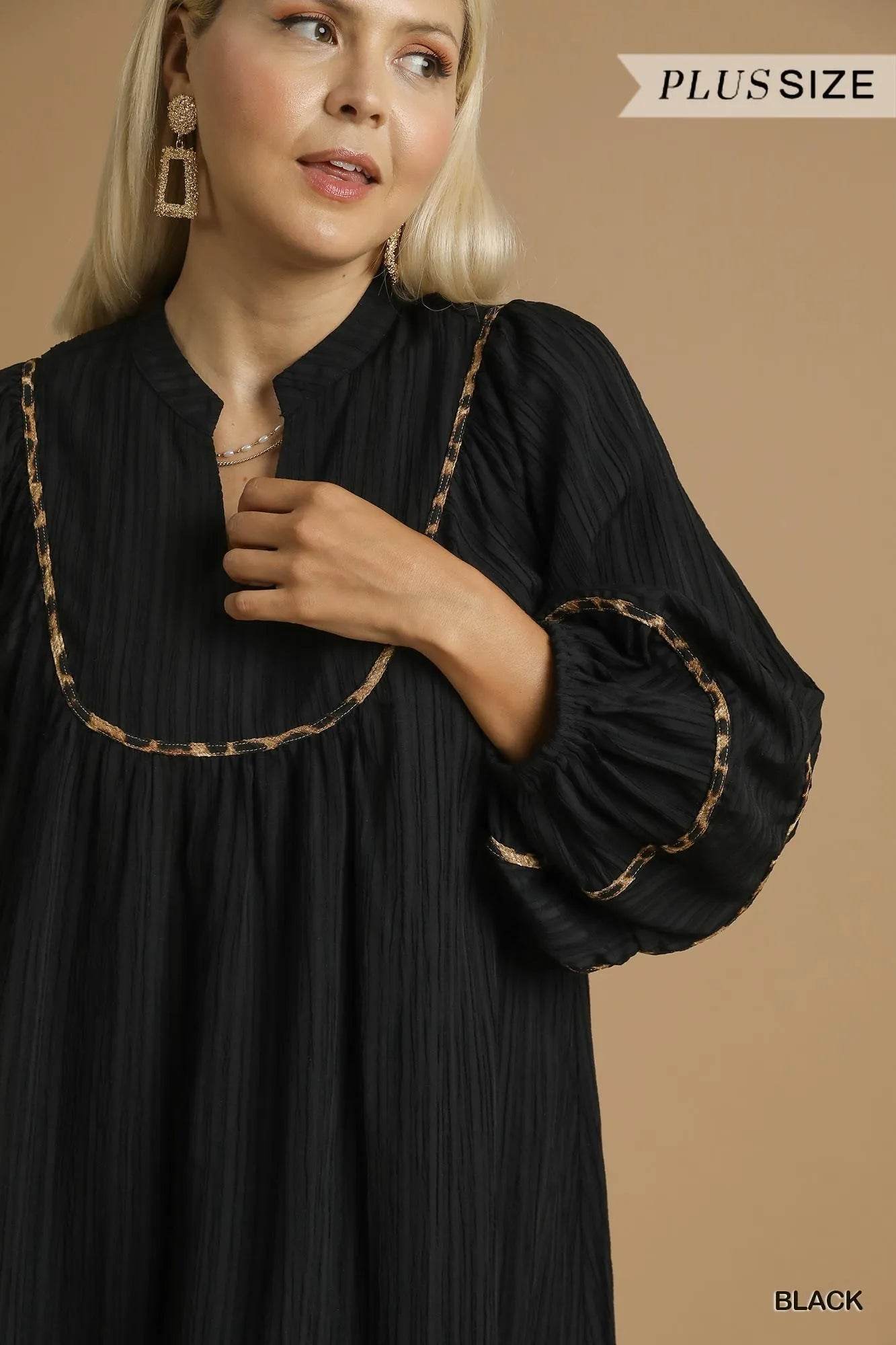 Umgee Full Size Textured Babydoll Dress with Leopard Trim Plus Size - Veloro