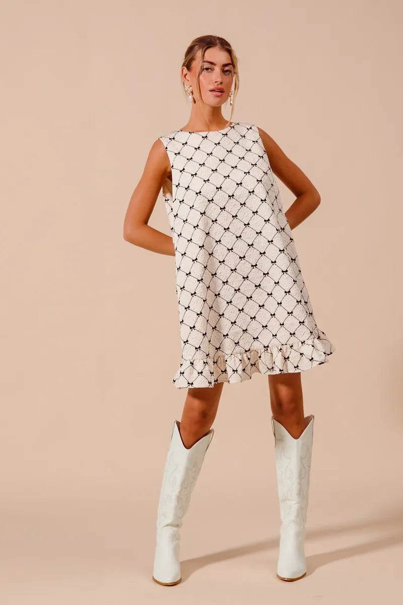 SO ME Texture Bow Printed Mini Ruffle Dress - Veloro