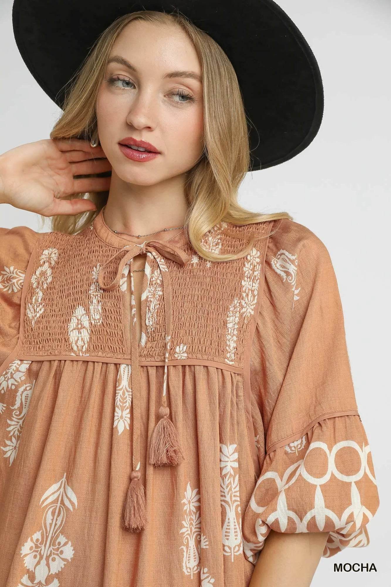 Umgee Boarder Print Tassel Tie Neck Mini Dress - Veloro