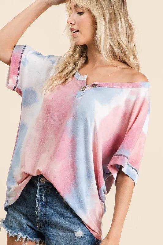BiBi Tie Dye French Terry Top With Buttoned Placket - Veloro