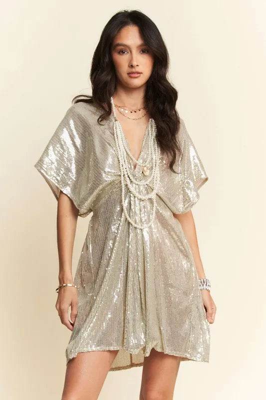 Davi & Dani Sequin Plunge Neck Knot Cut Out Tie Back Party Dress - Veloro