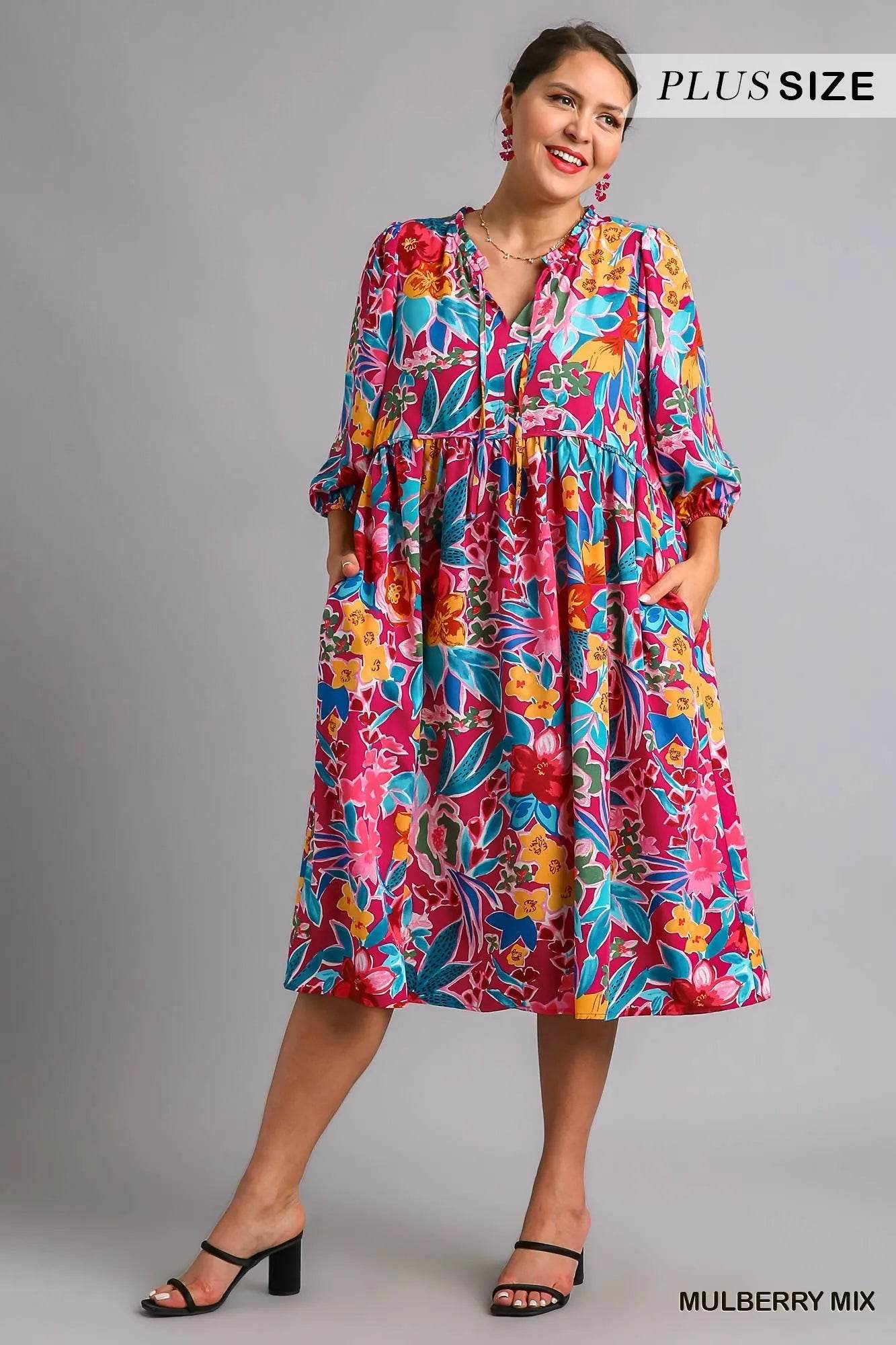 Umgee Full Size Floral Print Tie Neck Midi Dress with Pockets Plus Size - Veloro