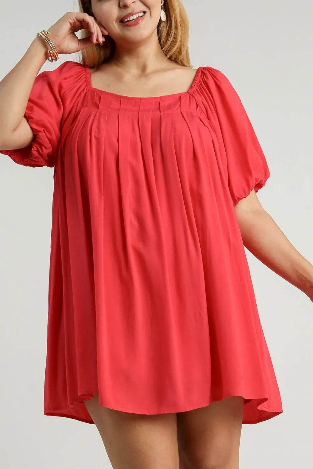Umgee Full Size Squared Neck Puff Sleeve Mini Dress Plus Size - Veloro