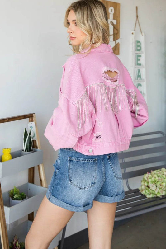Veveret Fringe Distressed Button Up Denim Jacket - Veloro