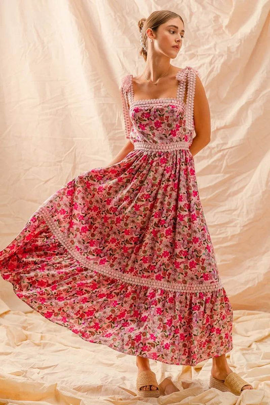 SO ME Floral Maxi Dress With Ribbon Tie Lace Strap - Veloro