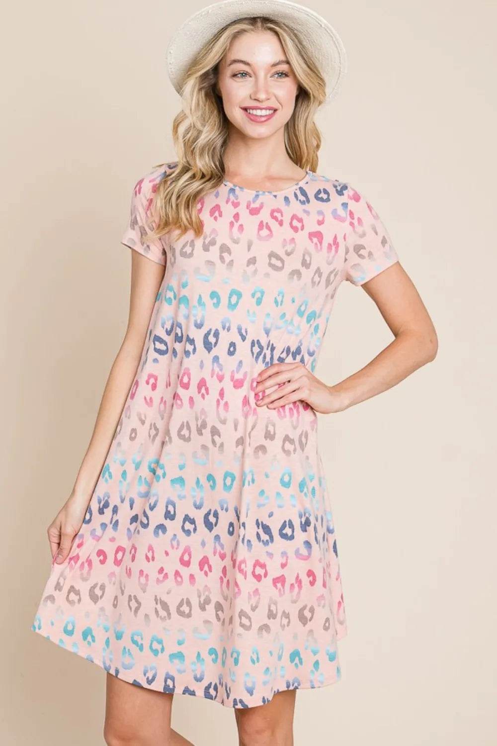 BOMBOM Leopard Round Neck Short Sleeve Dress - Veloro