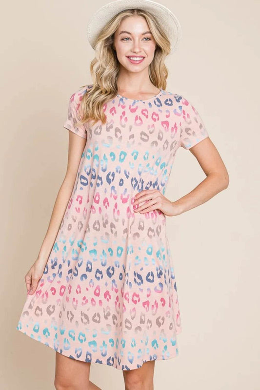 BOMBOM Leopard Round Neck Short Sleeve Dress - Veloro