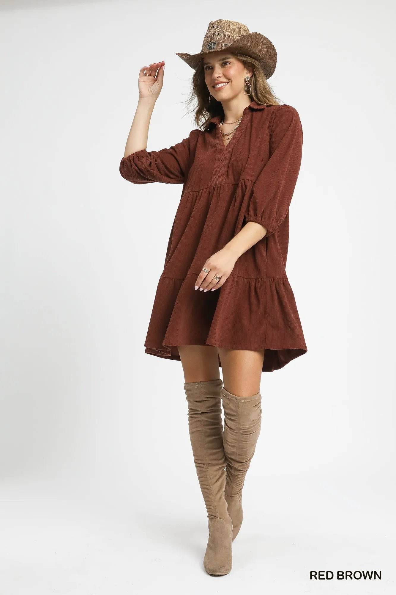 Umgee Tiered Corduroy Mini Dress with Balloon Sleeves - Veloro