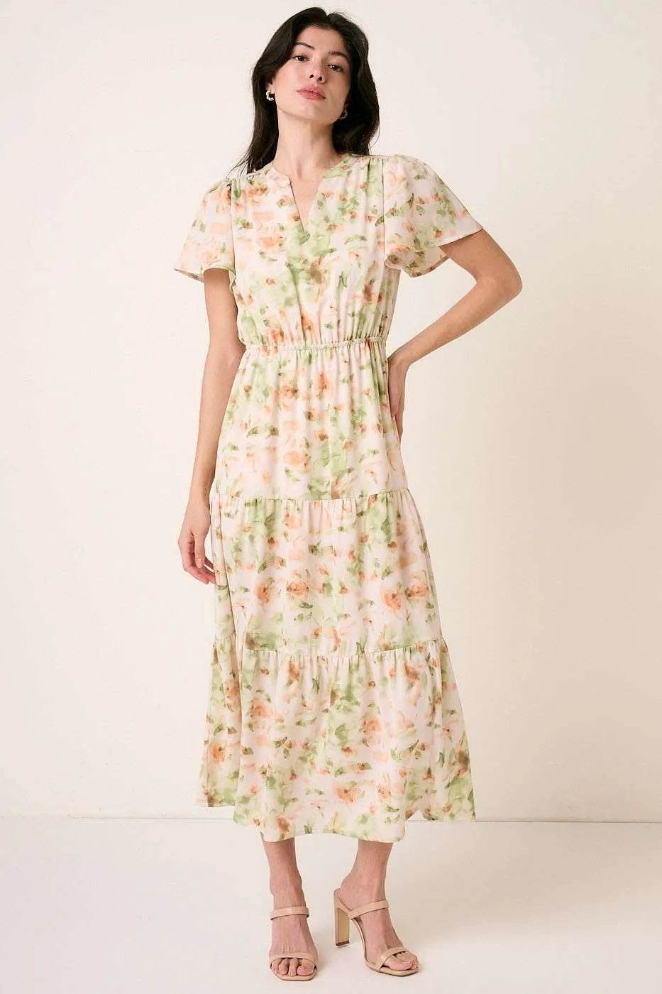 Mittoshop Flower Print Flutter Sleeve V Slit Maxi Dress - Veloro