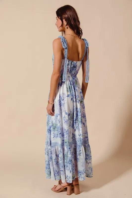 SO ME Floral Print Flowy Maxi Dress with Lace Ribbon Tie - Veloro