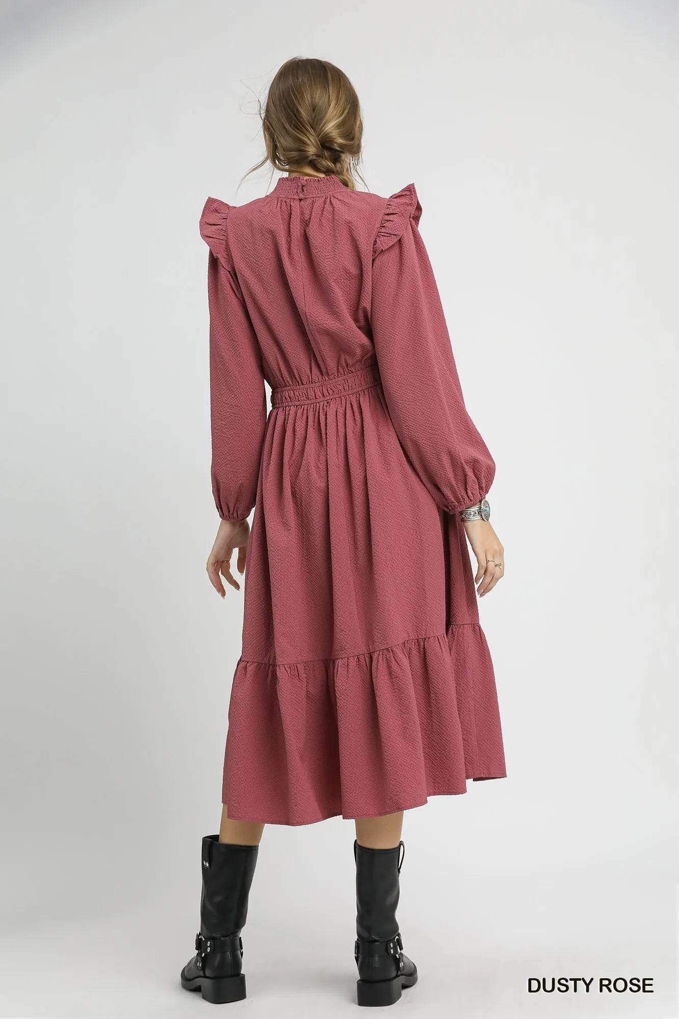 Umgee Textured Midi Dress with Ruffle Shoulder Detail - Veloro
