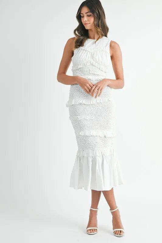 MABLE Ruffled Popcorn Smocked Mermaid Midi Dress - Veloro
