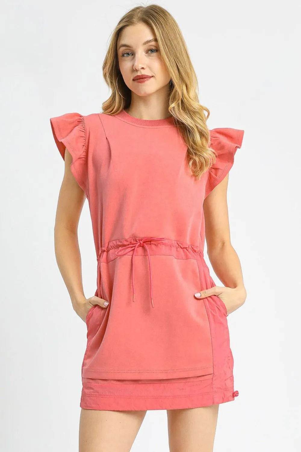 Umgee Luxe knit Ruffle Sleeve Drawstring Mini Dress - Veloro
