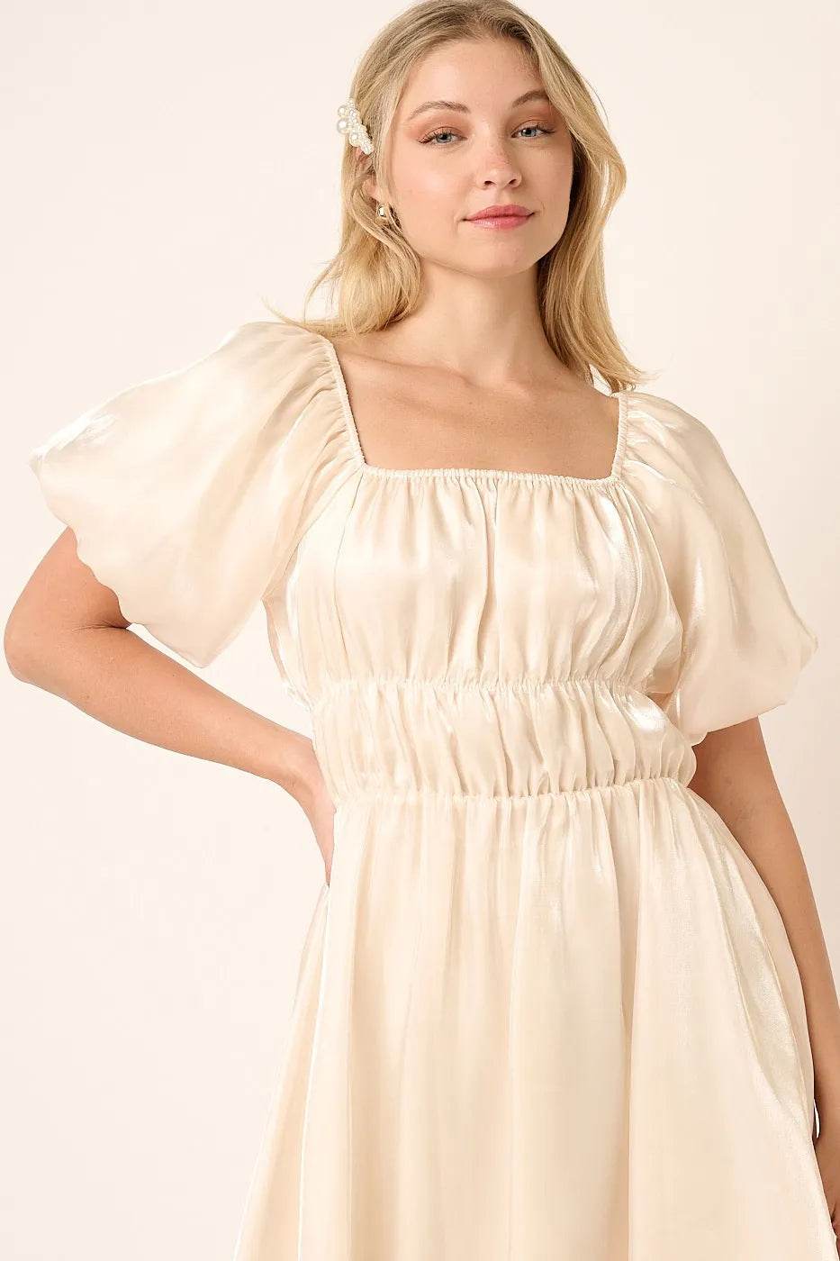 Mittoshop Metallic Organza Fabric Balloon Sleeve Mini Dress - Veloro