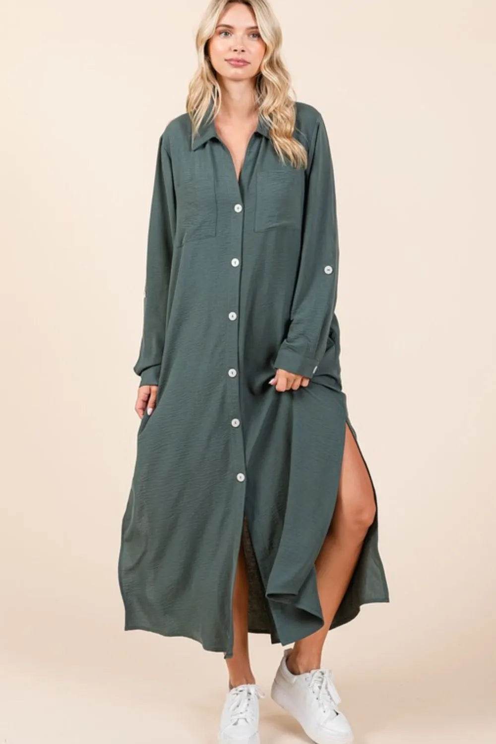 Mittoshop Airflow V-Neck Long Sleeve Button Down Maxi Dress - Veloro