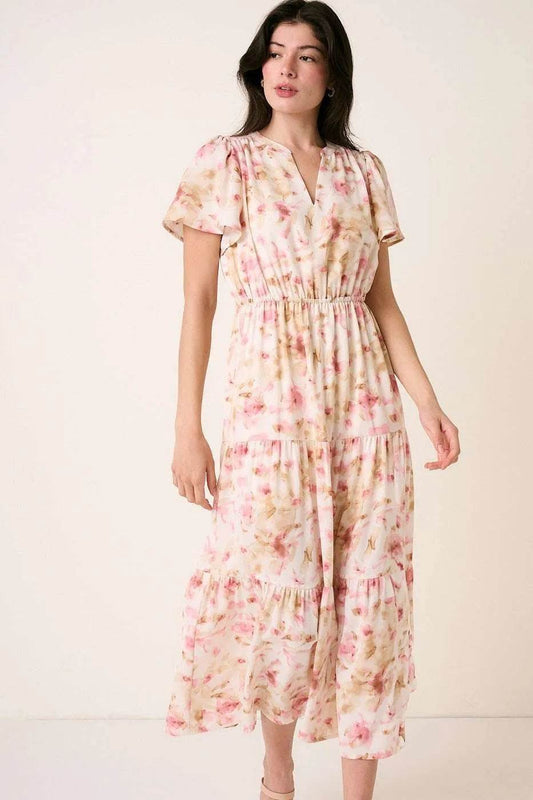 Mittoshop Flower Print Flutter Sleeve V Slit Maxi Dress - Veloro