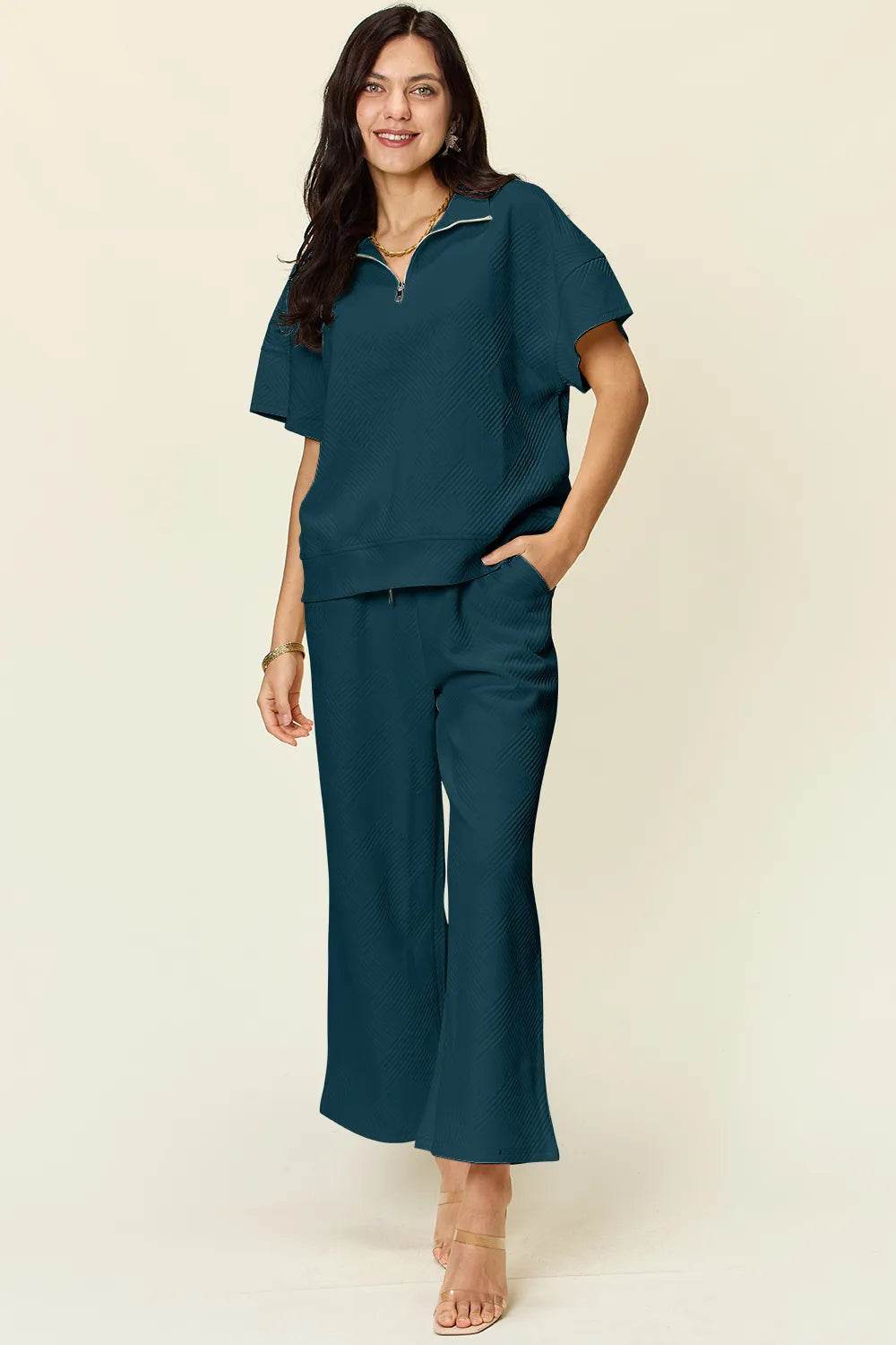 Double Take Full Size Texture Half Zip Short Sleeve Top and Pants Set - Veloro