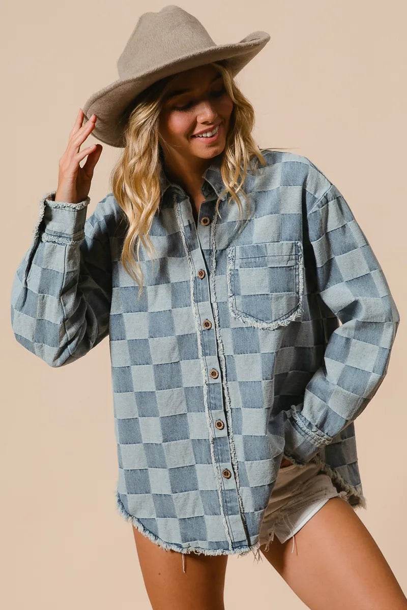 BiBi Frayed Edged Detail Washed Checker Denim Shirt - Veloro