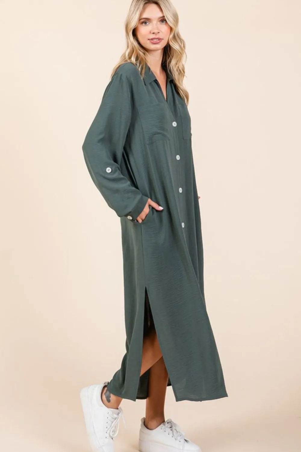 Mittoshop Airflow V-Neck Long Sleeve Button Down Maxi Dress - Veloro