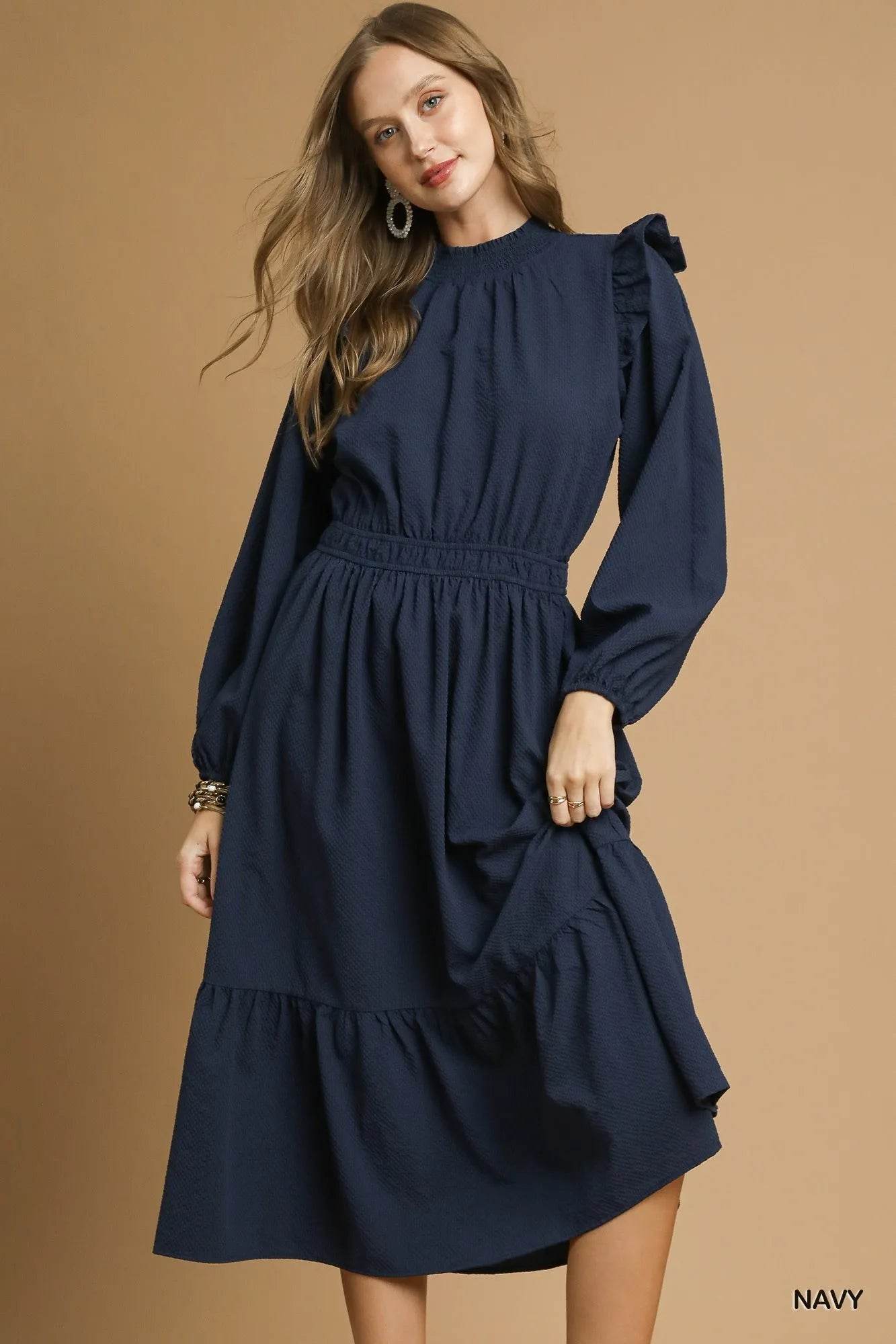 Umgee Textured Midi Dress with Ruffle Shoulder Detail - Veloro
