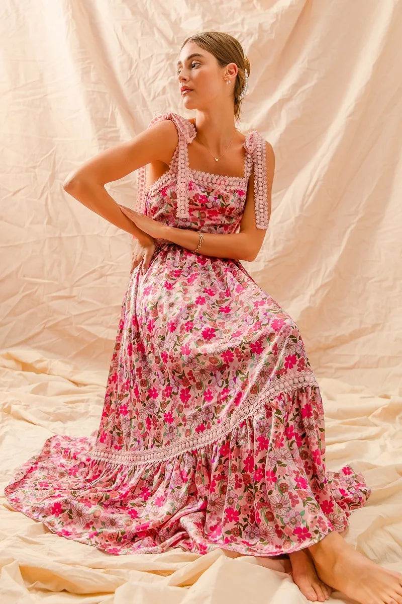 SO ME Floral Maxi Dress With Ribbon Tie Lace Strap - Veloro
