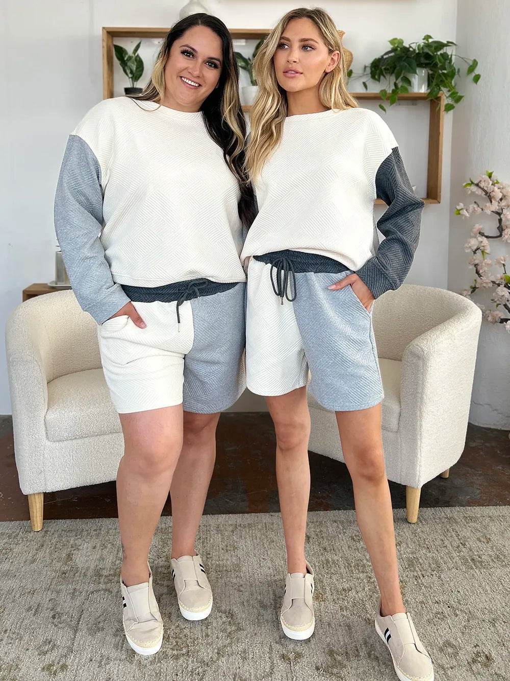 Double Take Full Size Contrast Drop Shoulder Top and Shorts Set - Veloro