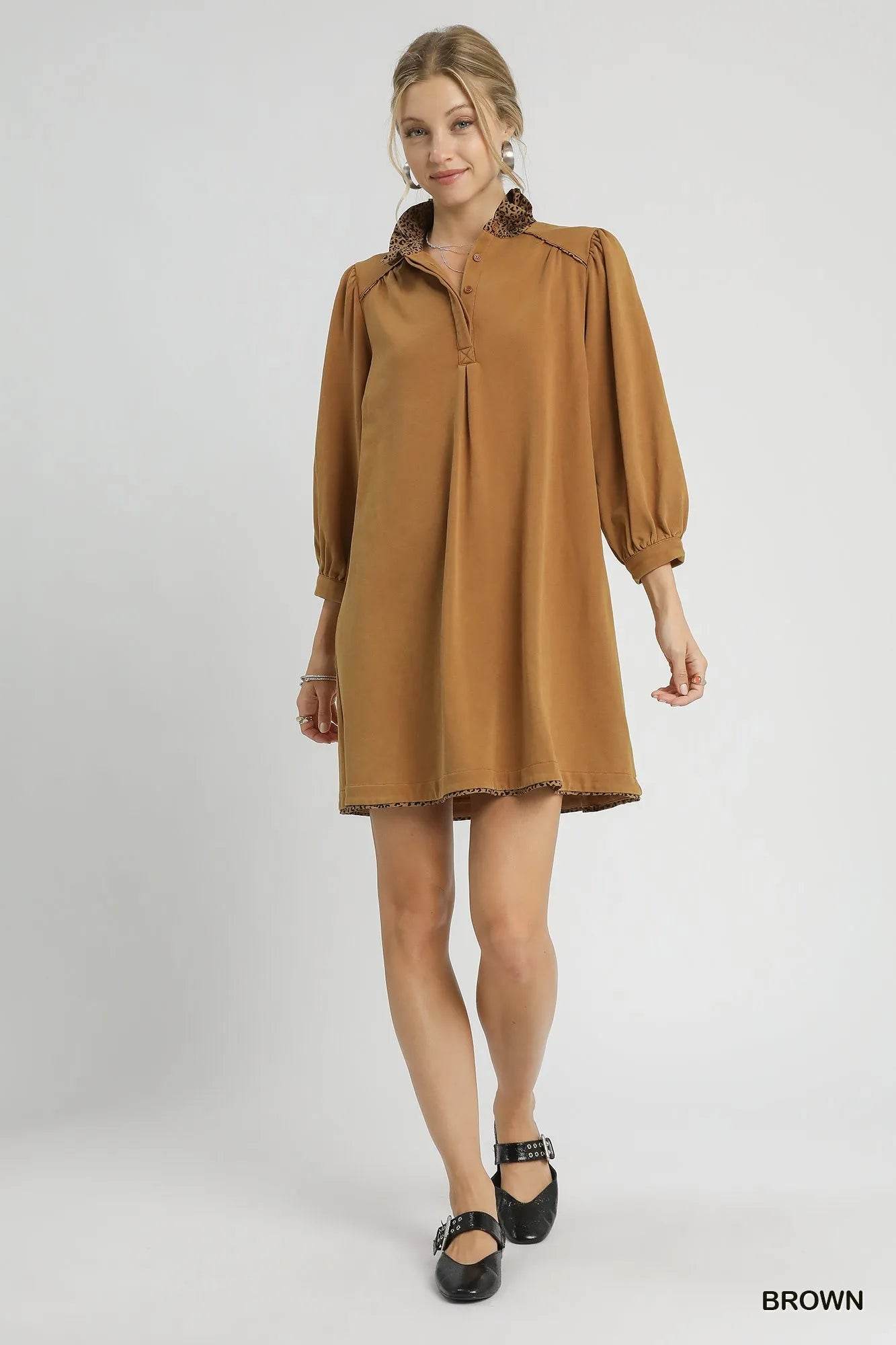 Umgee French Terry Balloon Sleeve Shift Dress with Leopard Print Detail - Veloro