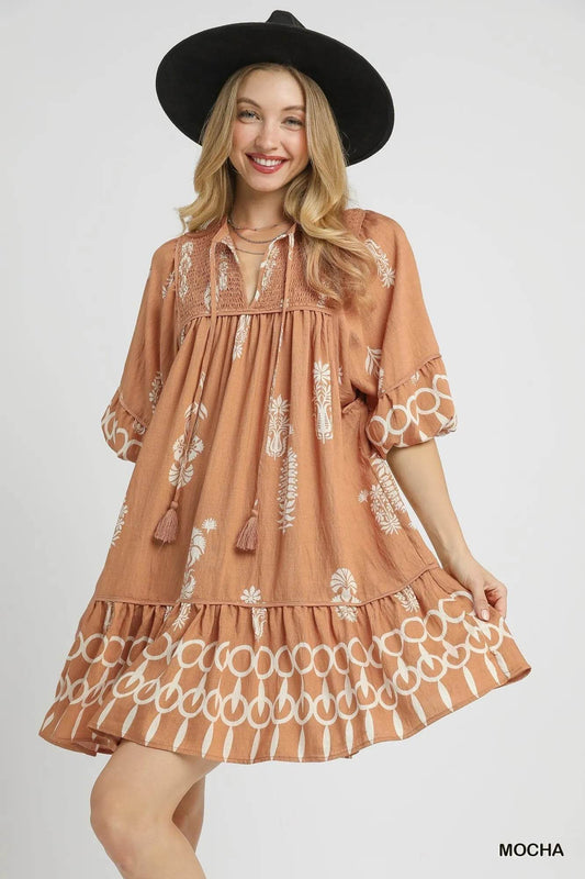 Umgee Boarder Print Tassel Tie Neck Mini Dress - Veloro