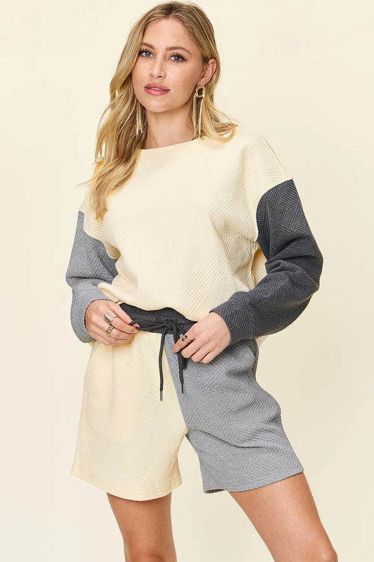 Double Take Full Size Contrast Drop Shoulder Top and Shorts Set - Veloro