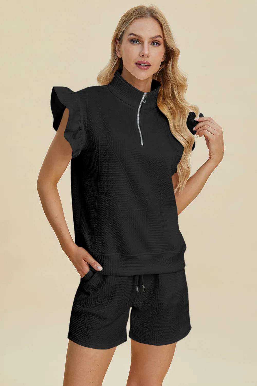 Double Take Full Size Texture Flounce Sleeve Top and Shorts Set - Veloro