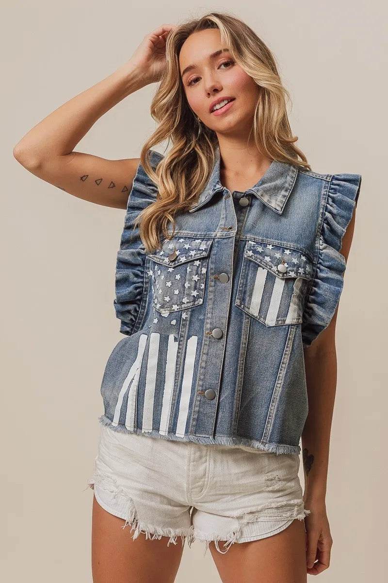 BiBi American Flag Washed Denim Jacket - Veloro