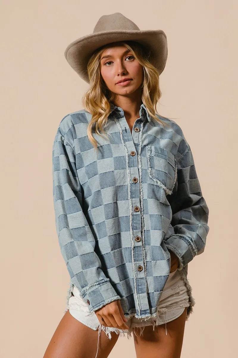 BiBi Frayed Edged Detail Washed Checker Denim Shirt - Veloro