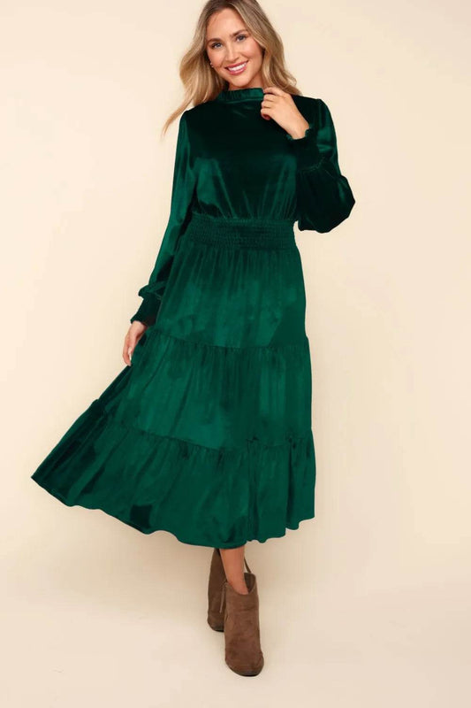 Haptics Mock Neck Smocked Waist Velvet Tiered Dress - Veloro