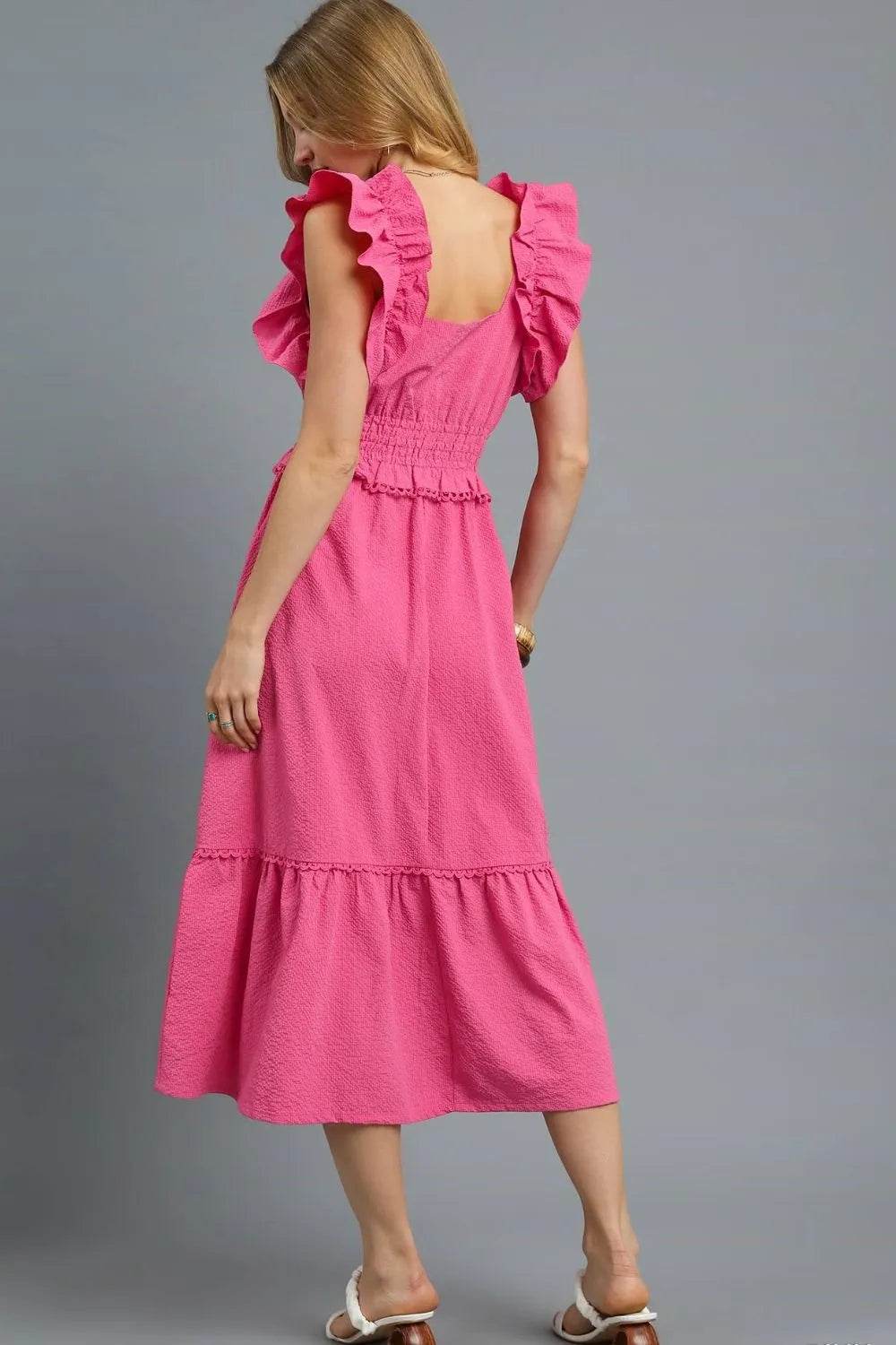 Umgee V-Neck Ruffled Cap Sleeve Midi Dress - Veloro