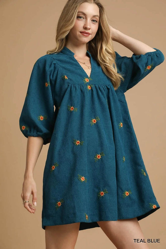 Umgee Corduroy Babydoll Dress with Floral Embroidery - Veloro