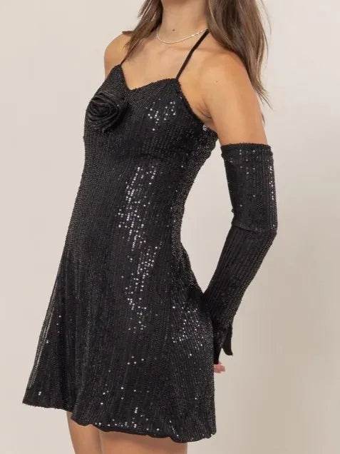HYFVE Sequin Rosette Halter Mini Dress - Veloro
