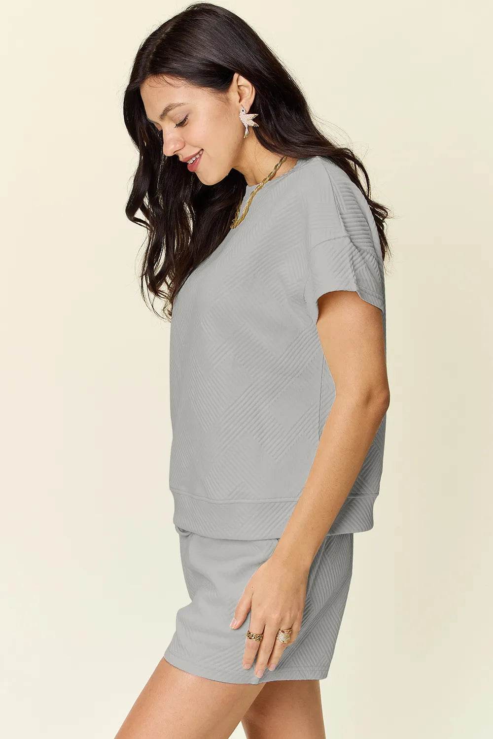 Double Take Full Size Texture Short Sleeve T-Shirt and Drawstring Shorts Set - Veloro