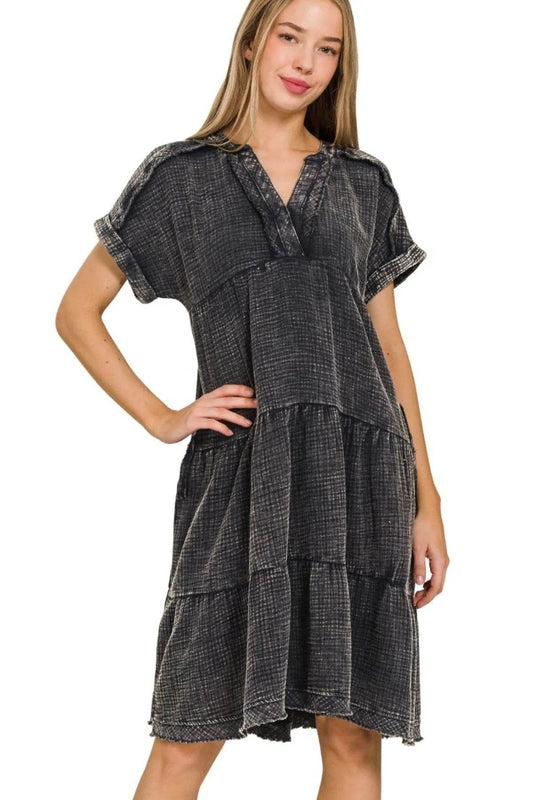 Zenana Washed Double Gauze Raw Edge V-neck Dress - Veloro