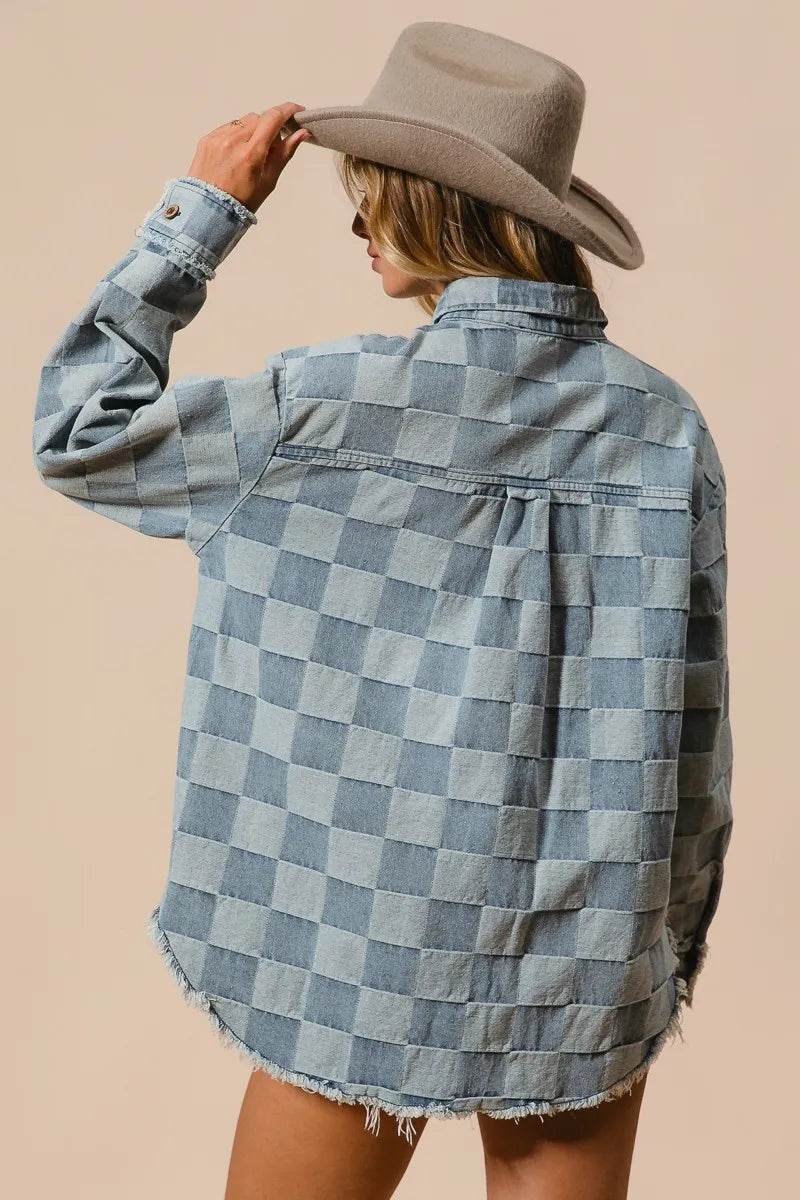 BiBi Frayed Edged Detail Washed Checker Denim Shirt - Veloro