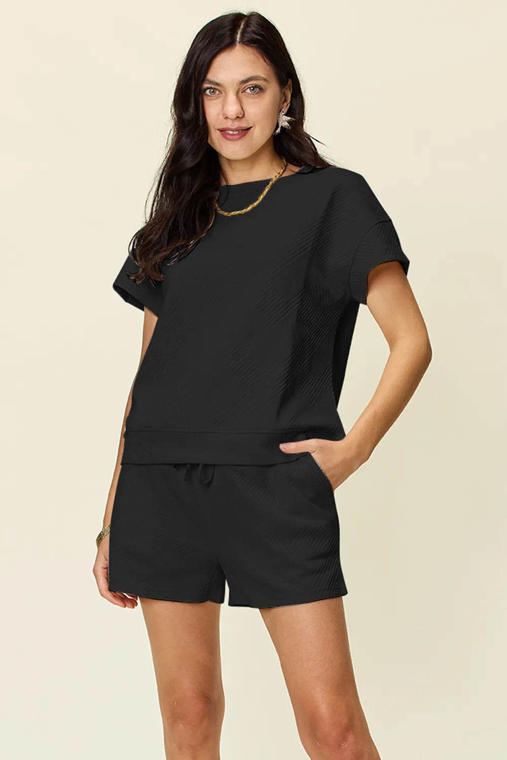 Double Take Full Size Texture Short Sleeve T-Shirt and Drawstring Shorts Set - Veloro