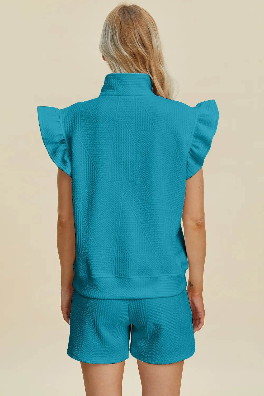 Double Take Full Size Texture Flounce Sleeve Top and Shorts Set - Veloro