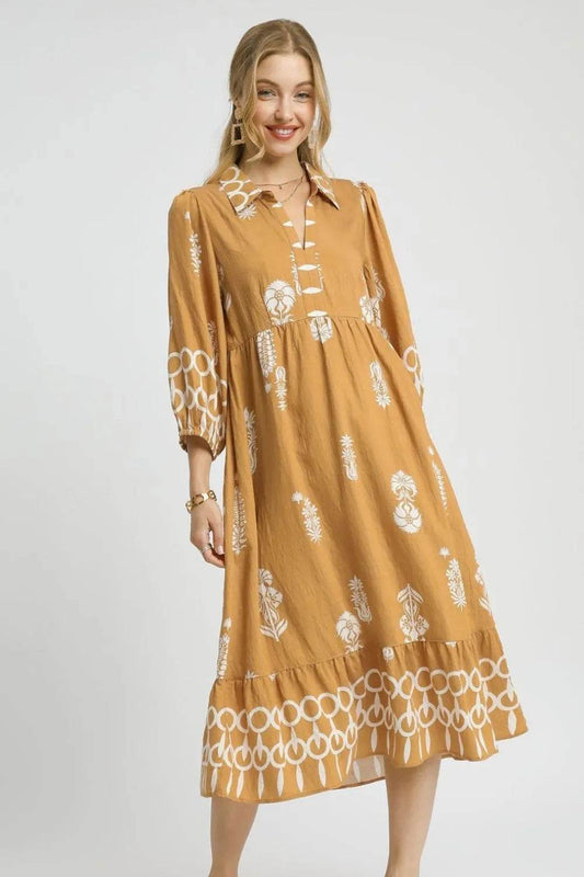 Umgee Ruffled Hem Printed Johnny Collar Midi Dress - Veloro