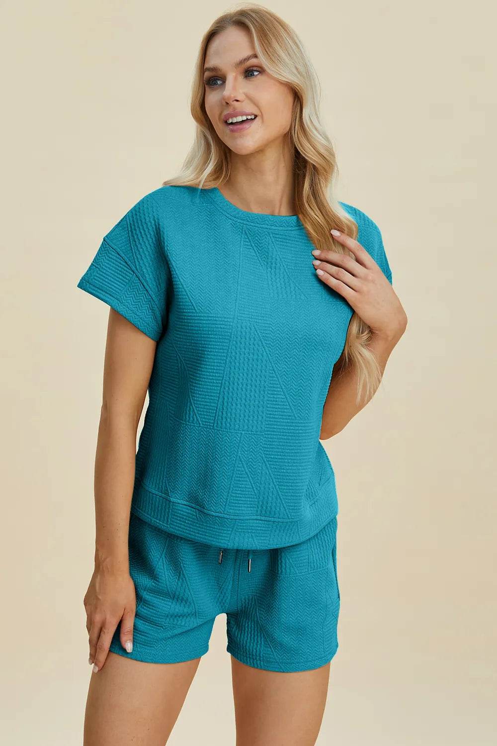 Double Take Full Size Texture Short Sleeve Top and Shorts Set - Veloro