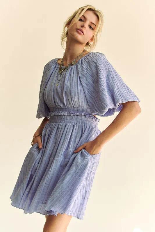 Davi & Dani Back Button Puff Sleeve Mini Dress - Veloro