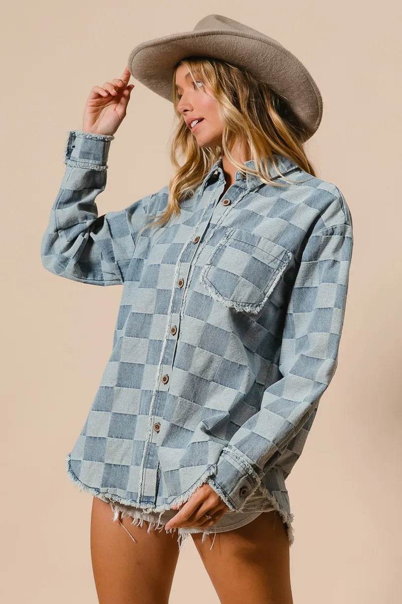 BiBi Frayed Edged Detail Washed Checker Denim Shirt - Veloro