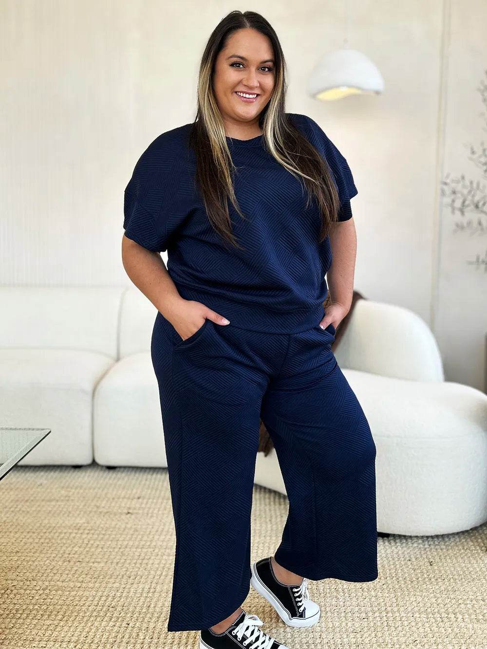 Double Take Full Size Texture Short Sleeve Top and Pants Set - Veloro