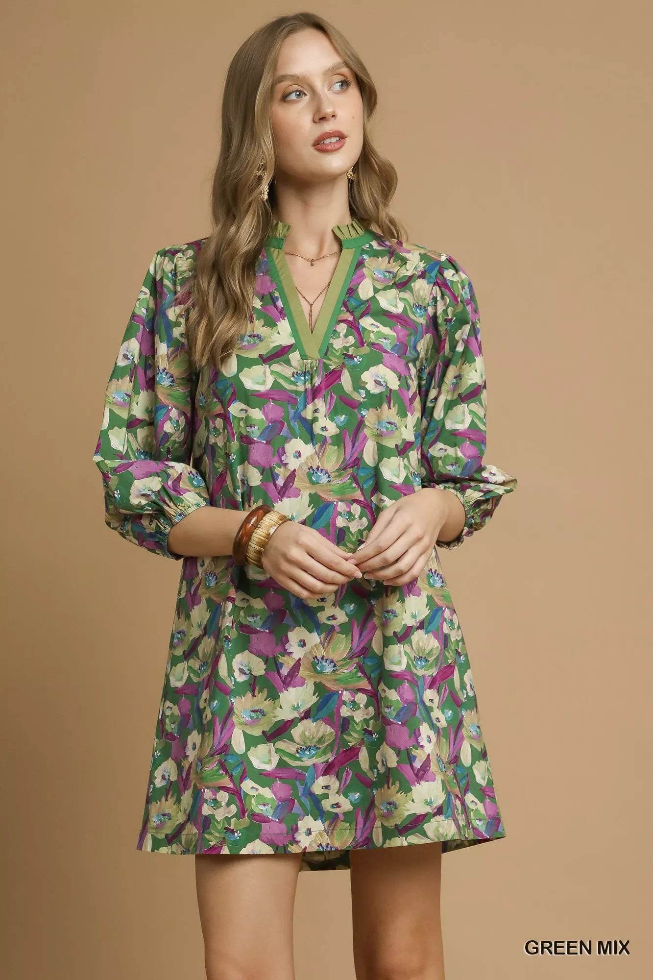 Umgee Boho Floral Balloon Sleeve Mini Dress - Veloro