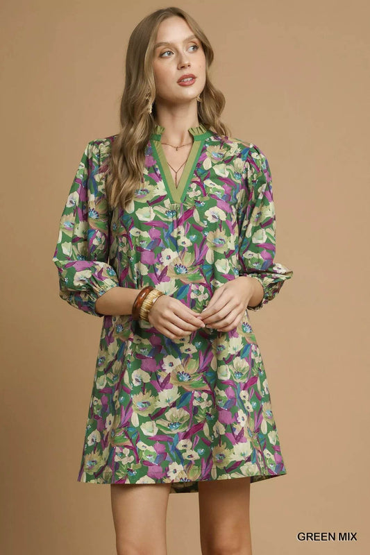 Umgee Boho Floral Balloon Sleeve Mini Dress - Veloro